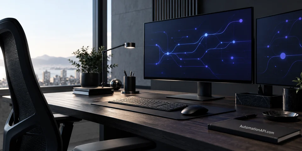 Cool daylight workspace with violet automation paths on graphite monitors and AutomationAPI.com on the desk